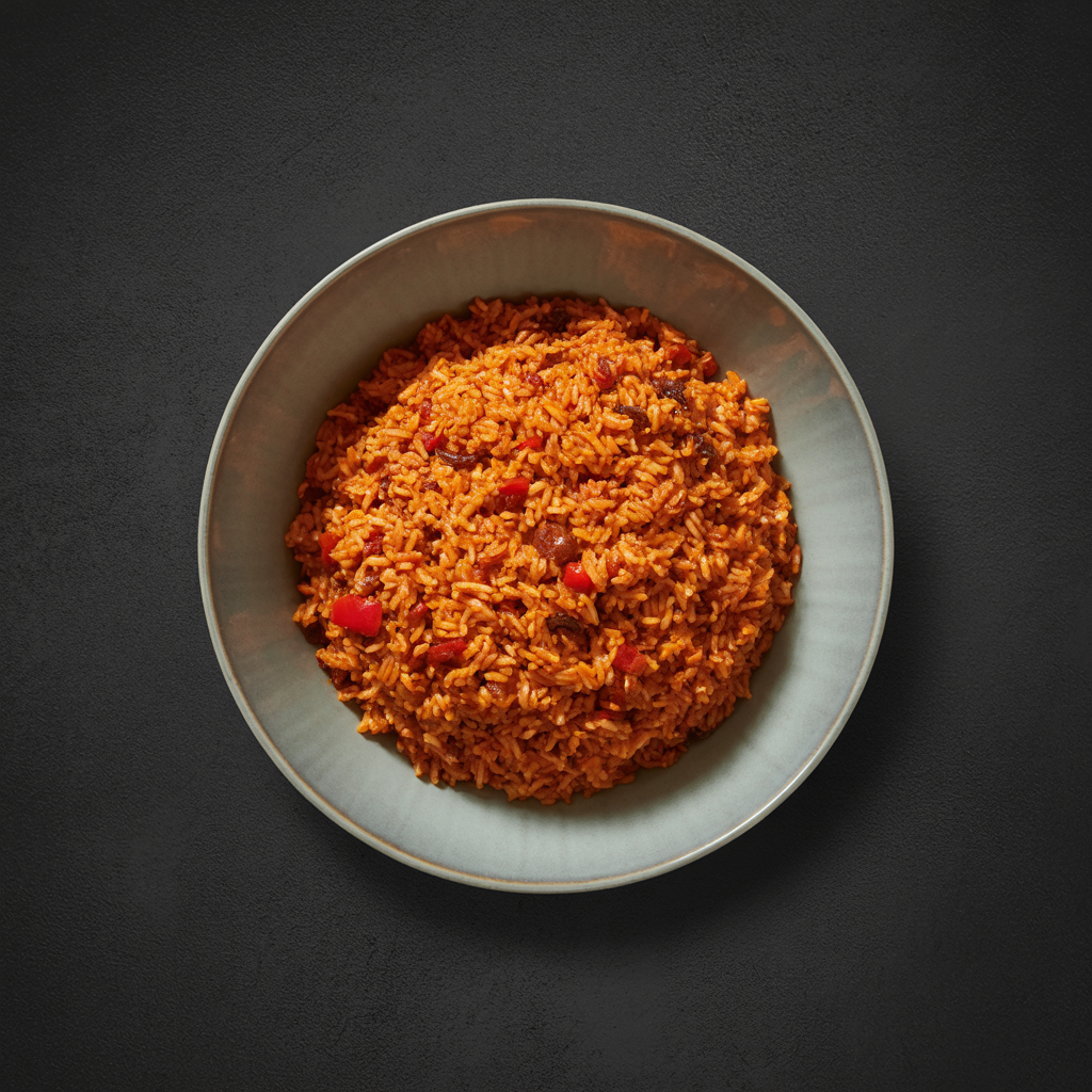 A fresh plate of jollof rice, straight from the pot.